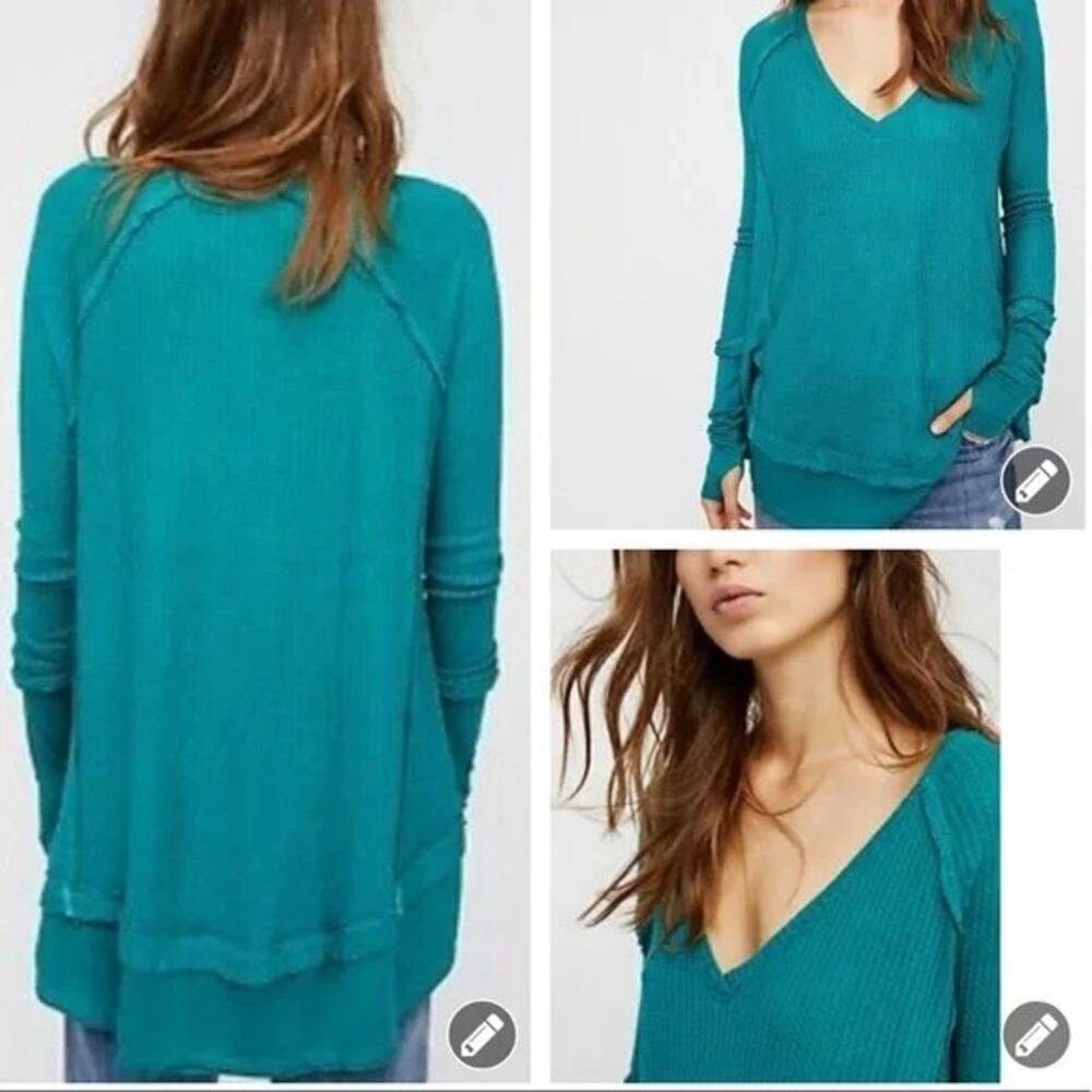 We the Free People Women's Small Emerald Teal Thermal Long Sleeve Waffle Tunic